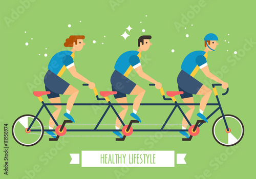 Bicycle team on multi seat bicycle. Team activity amd sport conc