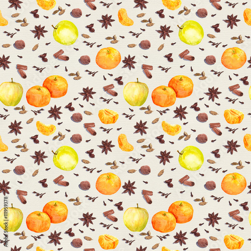 Watercolor winter spices and fruits - apple, mandarin. Repeating pattern