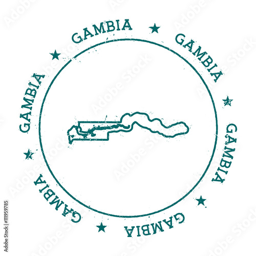 Gambia vector map. Retro vintage insignia with country map. Distressed visa stamp with Gambia text wrapped around a circle and stars. USA state map vector illustration.