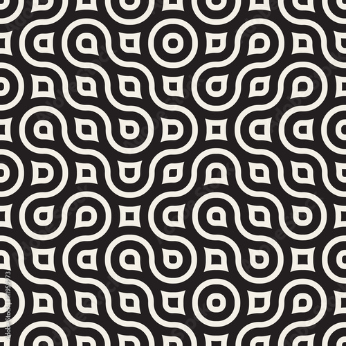 Vector Seamless Black And White Irregular Rounded Lines Pattern
