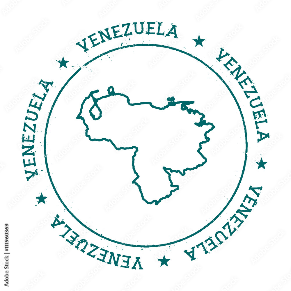 Obraz premium Venezuela, Bolivarian Republic of vector map.. Retro vintage insignia with country map.. Distressed visa stamp with Venezuela, Bolivarian Republic of text wrapped around a circle and stars.