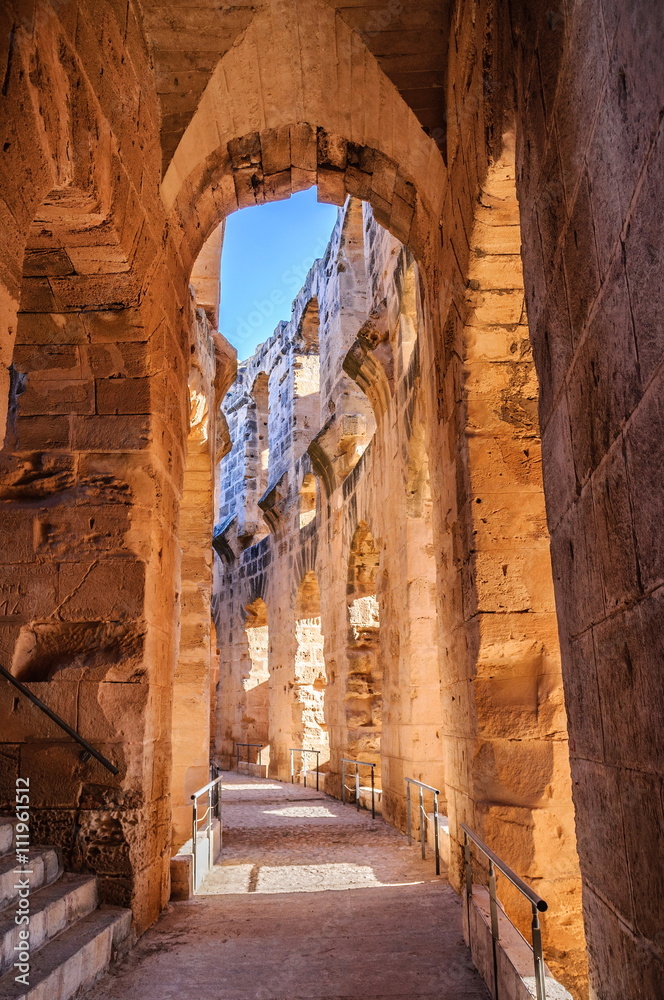 Corridor in ruins of the largest coliseum, North Africa. El Jem,Tunisia, UNESCO