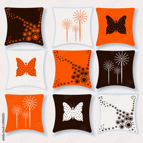 Set of cushions for interior vector illustration. Pillow isolated on white background. Floral pattern , pattern butterfly stock vector.Pillow flat style.For the interior