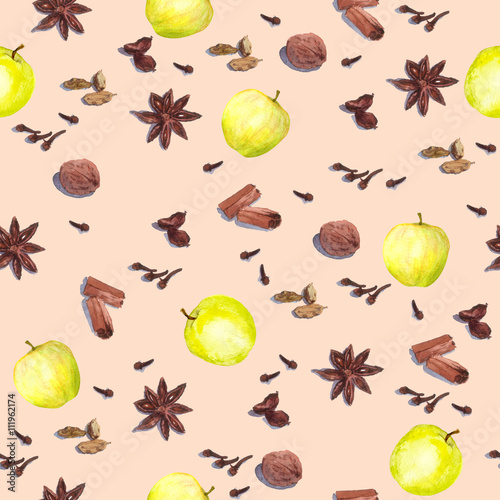 Seamless background with season spices and apples 