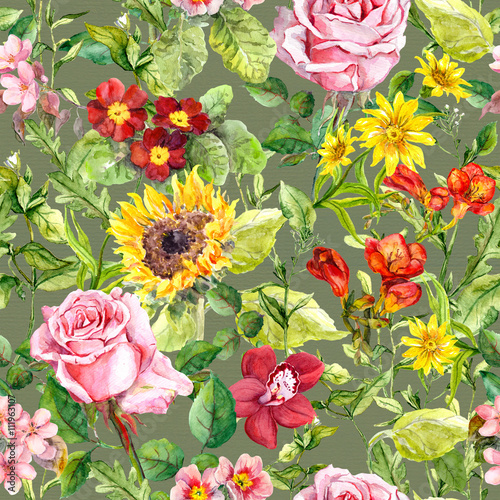 Repeating meadow floral pattern. Watercolor for fashion design © zzorik