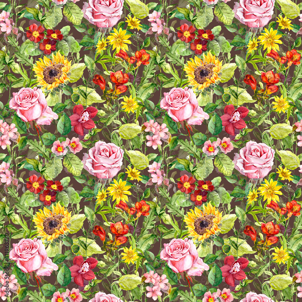 Seamless floral and summer herbal pattern, watercolor