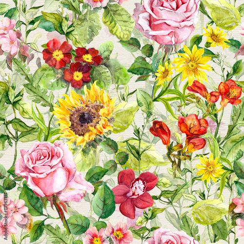 Meadow flowers, field herbs. Vintage seamless floral pattern. Watercolor