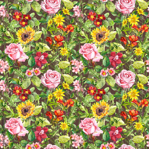 Seamless floral and summer herbal pattern, watercolor © zzorik