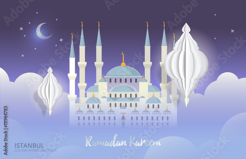 Ramadan Kareem. Vector illustration greeting mosque. Night cloudy background with stylized lantern.