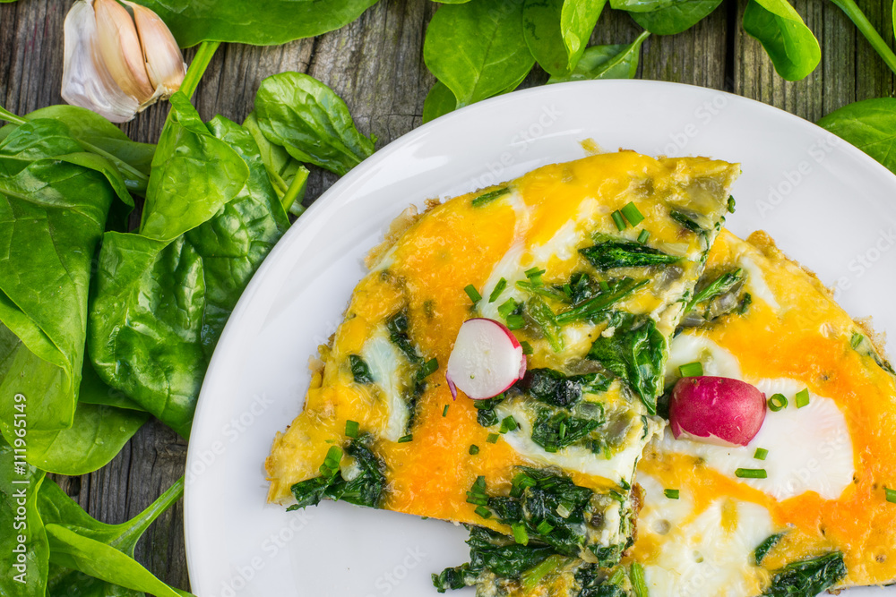 Top View on a Spinach Omelette with Radish on a White Plate Top View on a Spinach Omelette with Radish on a White Plate