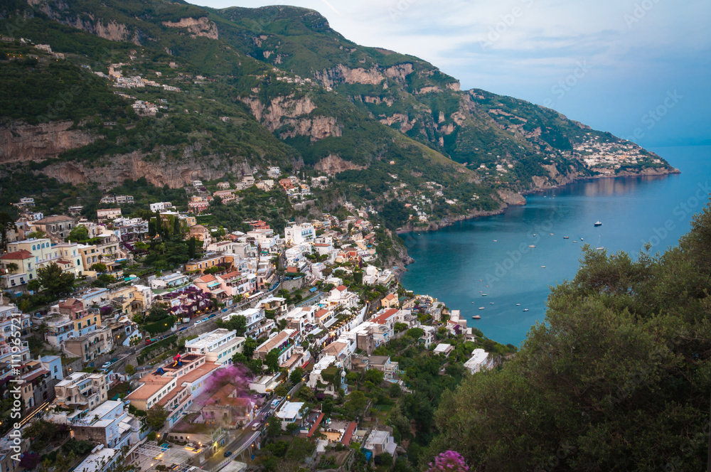 Panorama, Evening at Positano, the famous village on the Amalfi coast, Campania, Italy