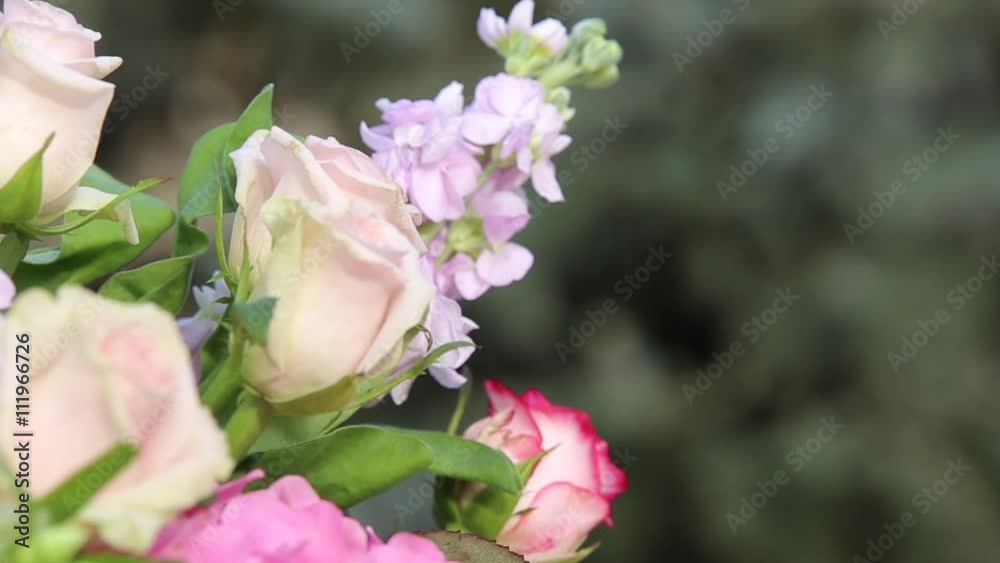 Wedding bouquet of roses on the background. Dynamic change of focus. Close up Wedding bouquet of roses on the background. Dynamic change of focus. Close up