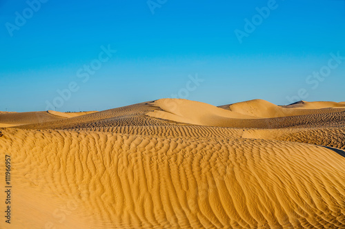 Tunisian desert landscape with blue sky. Dunes background.