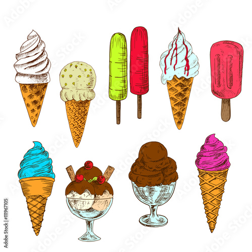 Sketched ice cream cones, popsicles and sundae