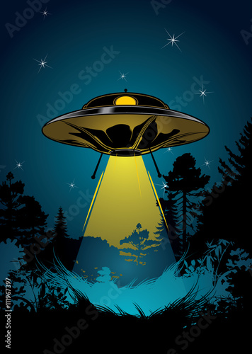 Background with flying UFO, star sky and black forest.