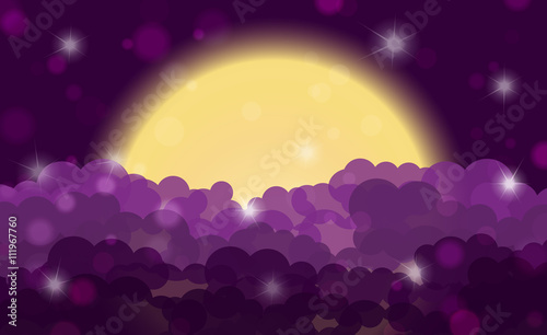 Cartoon purple night shining cloudy sky with moon. Vector illustration