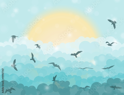 Cartoon flying birds in clouds on sun and cyan shining sky background. Vector illustration