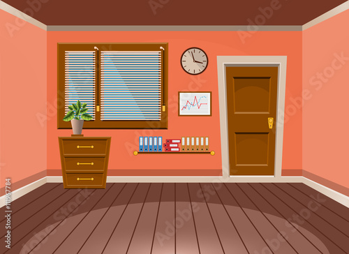 Cartoon flat vector interior office room in peach blossom style. Vector illustration