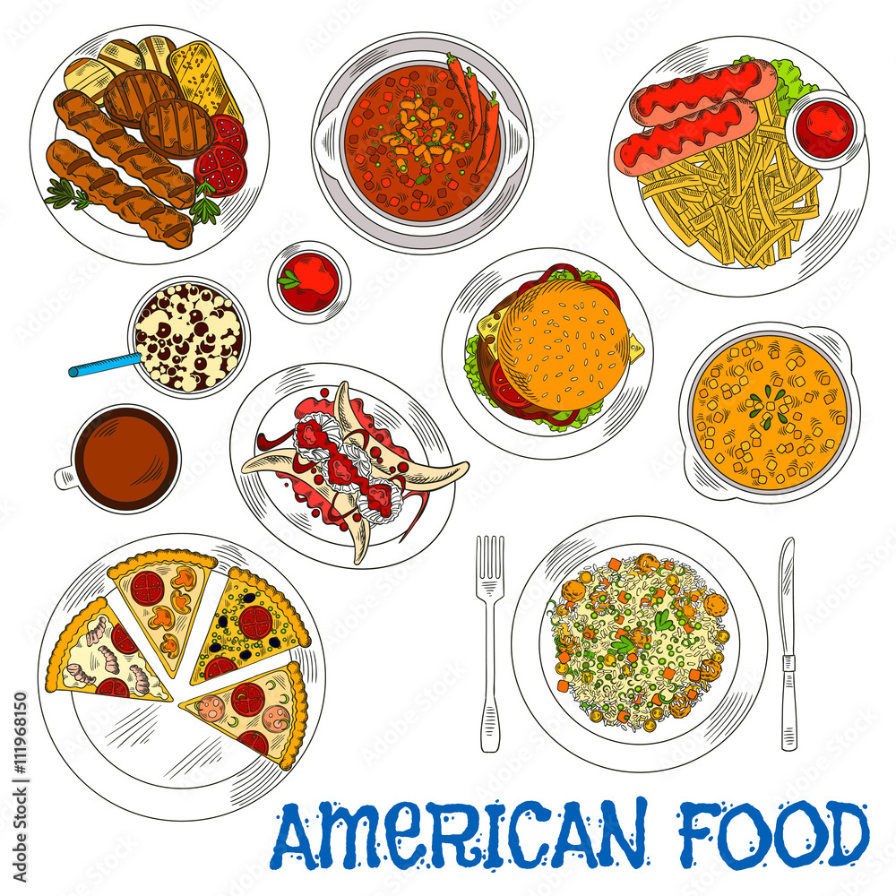 American fast food and grilled dishes sketch icon American fast food and grilled dishes sketch icon