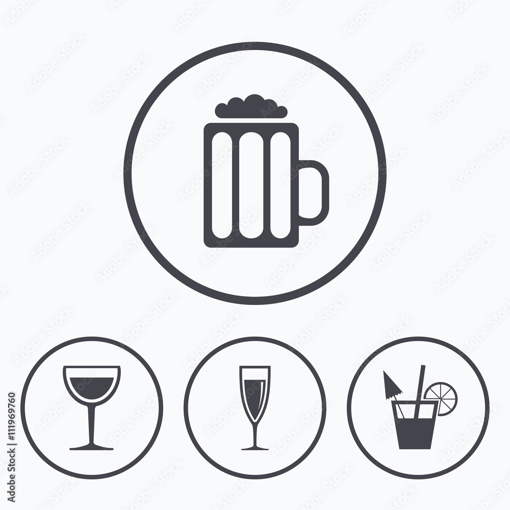 Alcoholic drinks signs. Champagne, beer icons.