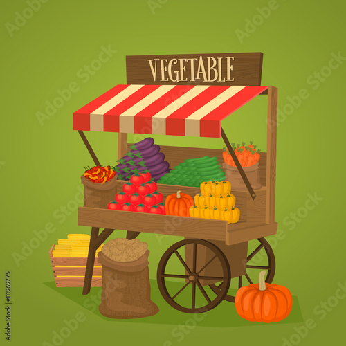 Street shop on wheels with vegetables and fruits. Vector illustration.