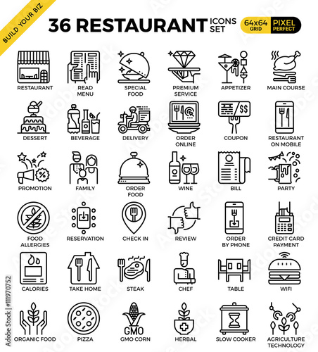 Restaurant food business pixel perfect outline icons