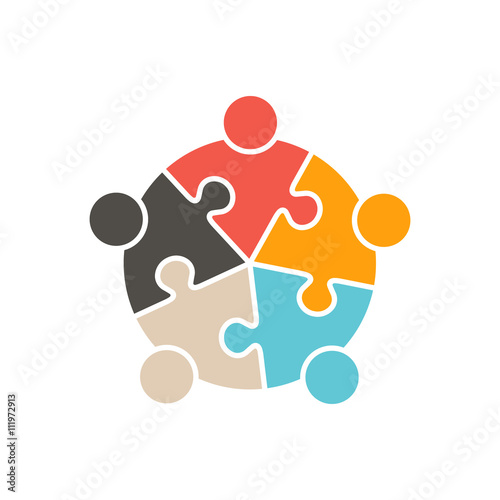 Teamwork People five puzzle pieces. Vector graphic design illustration photo