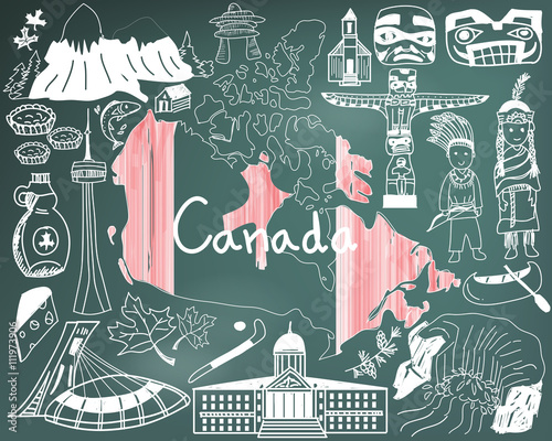 Travel to Canada doodle drawing icon with culture, costume, landmark and cuisine tourism concept in blackboard background, create by vector 