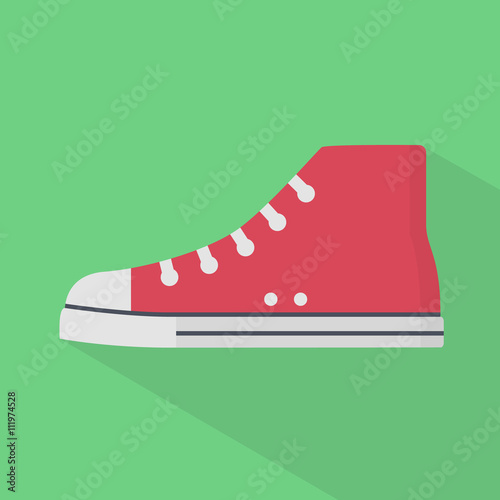 Icon sneaker with white laces. Red gumshoes. Simple, flat style. Graphic vector illustration.