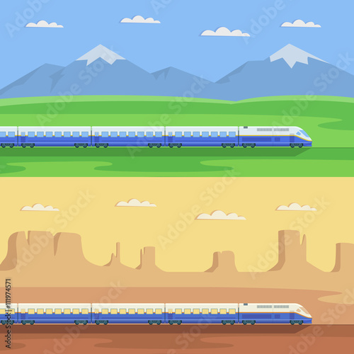 Express train, passenger train. Railway locomotive, passenger wagons. Simple, flat style. Graphic vector illustration.