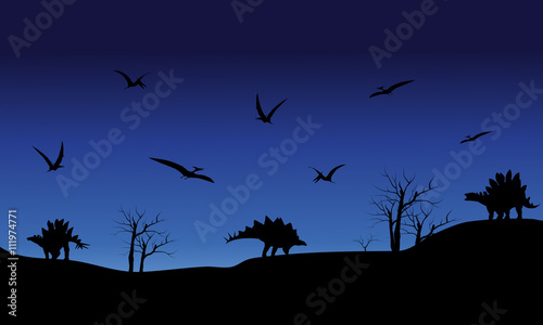 Silhouette of Pterodactyl and Stegosaurus
