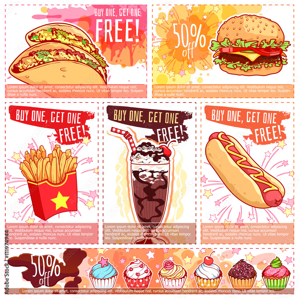 Six different discount coupons for fastfood or dessert. Adobe Stock