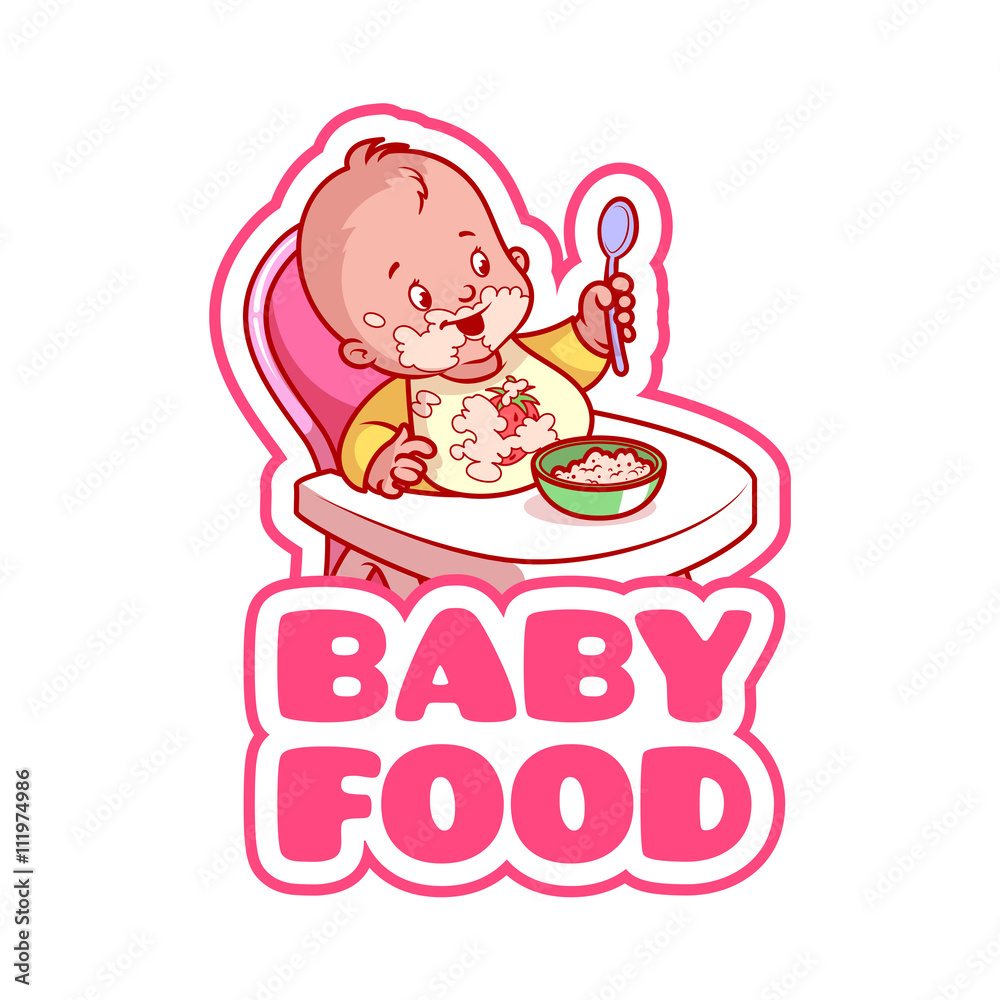 Cute kid in baby highchair with plate of porridge.