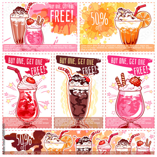 Six different discount coupons for milkshakes.