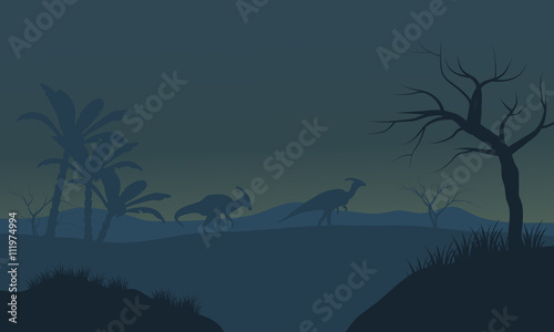 Photo Parasaurolophus in fields scnery silhouette