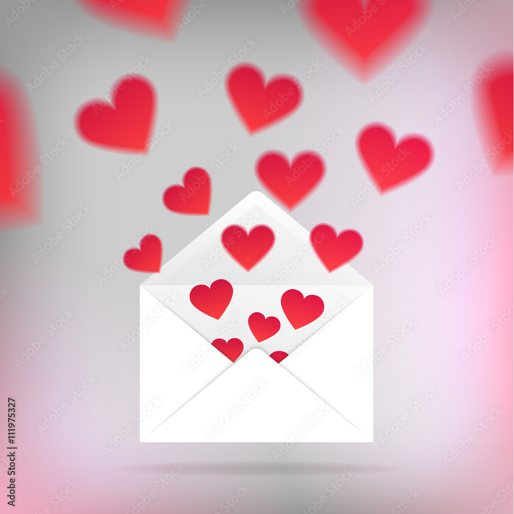 Valentine card template, opened envelope with cut hearts flying out.