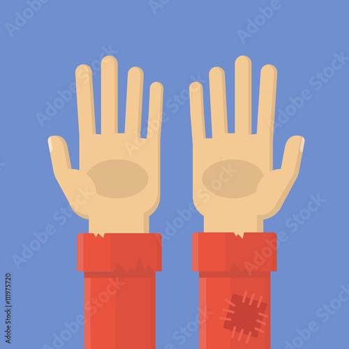 Give alms. He asks for help. Simple, flat style. Graphic vector illustration.