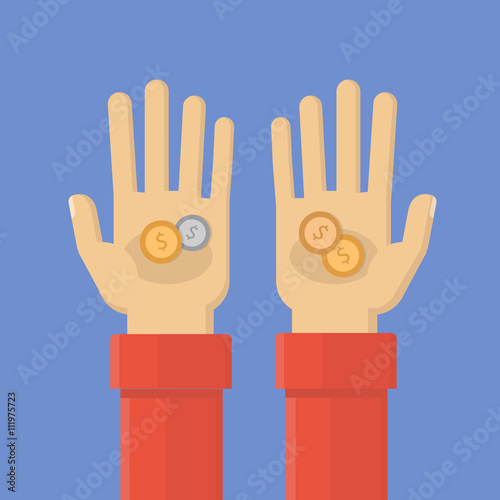 Coins in hand. holds coins. Low salary. Simple, flat style. Graphic vector illustration.