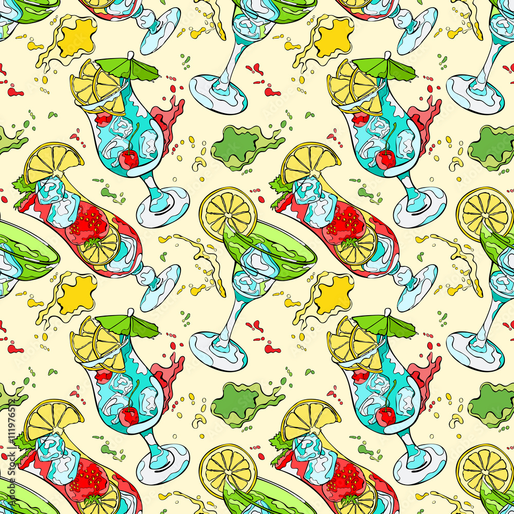 Obraz premium Cocktail. Refreshing drink. Splashes and drops. Seamless vector pattern (background).