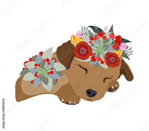 Drawing pen dog face, macaque portrait with beautiful flowers on the head, floral wreath