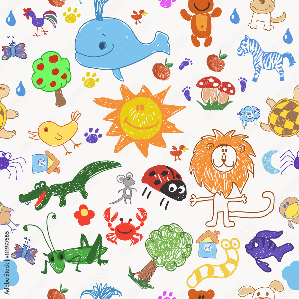 Childrens drawing doodle animals trees and sun seamless pattern.