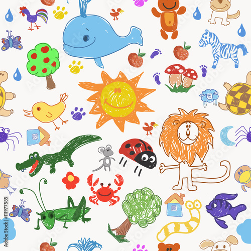 Childrens drawing doodle animals trees and sun seamless pattern.