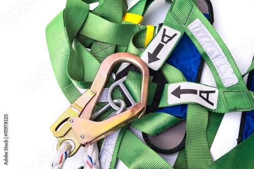 Closeup fall protection harness and lanyard for work at heights