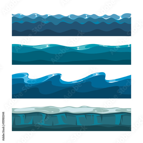 Cartoon ocean or sea waves vector patterns for computer games. Water waves horizontal seamless backgrounds