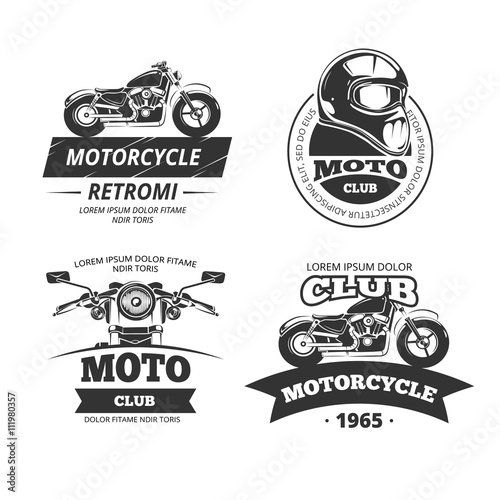 Retro motor club logos. Motorcycle or biker club vintage labels. Motorbike and speed motocycle emblems vector set