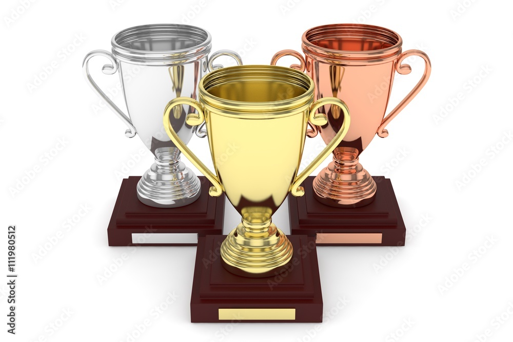Three cups on white background. 3D rendering. Three cups on white background. 3D rendering.