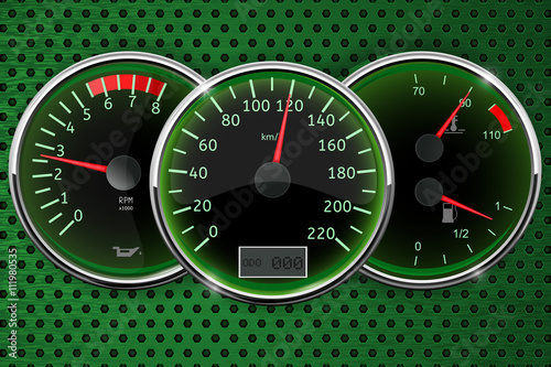 Dashboard: speedometer, fuel gauge, tachometer