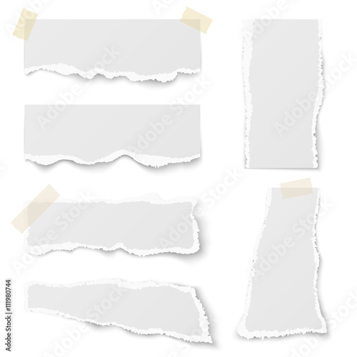 Torn note paper with adhesive tape vector set. Adhesive note paper and page adhesive for message reminder illustration