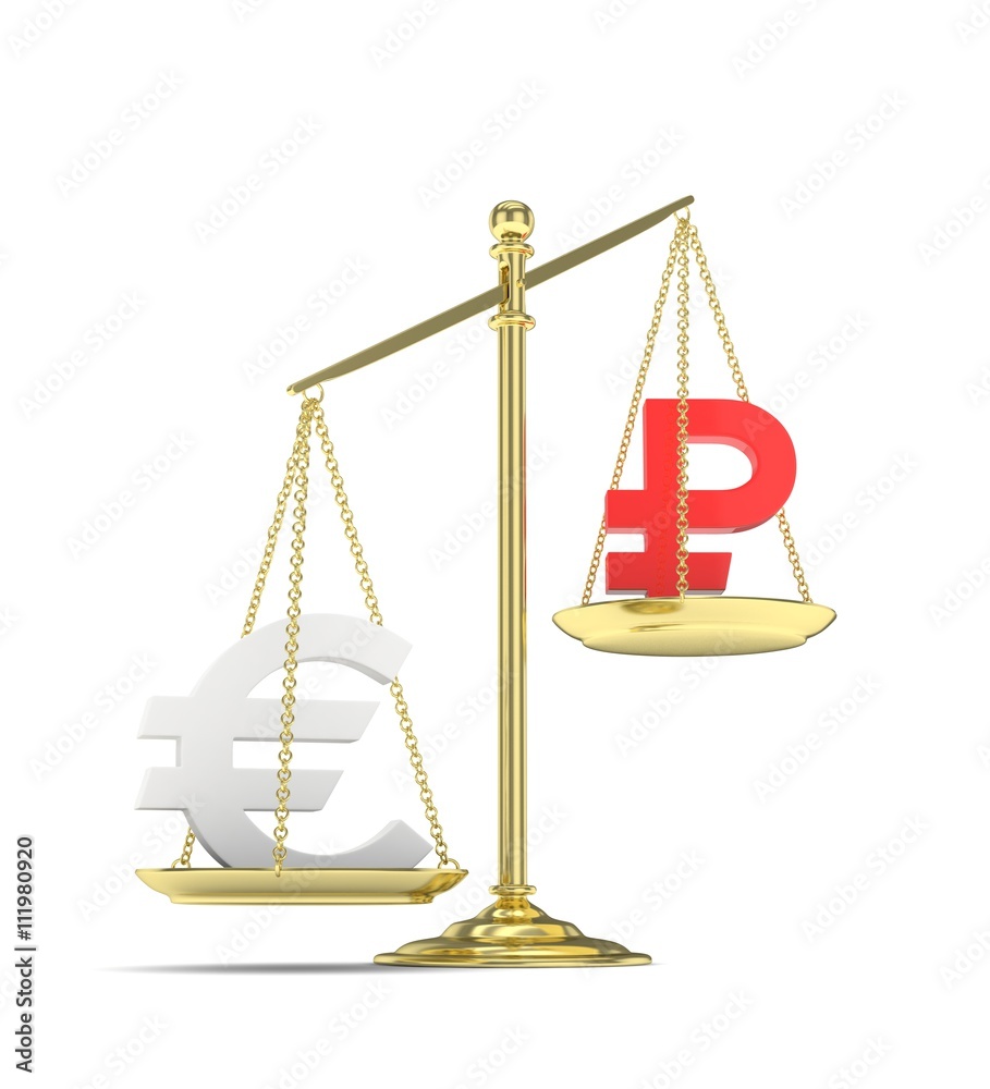 Isolated golden scales with silver euro and red ruble currency. Russian and european finance. Measuring of market stability. 3D rendering. Isolated golden scales with silver euro and red ruble currency. Russian and european finance. Measuring of market stability. 3D rendering.