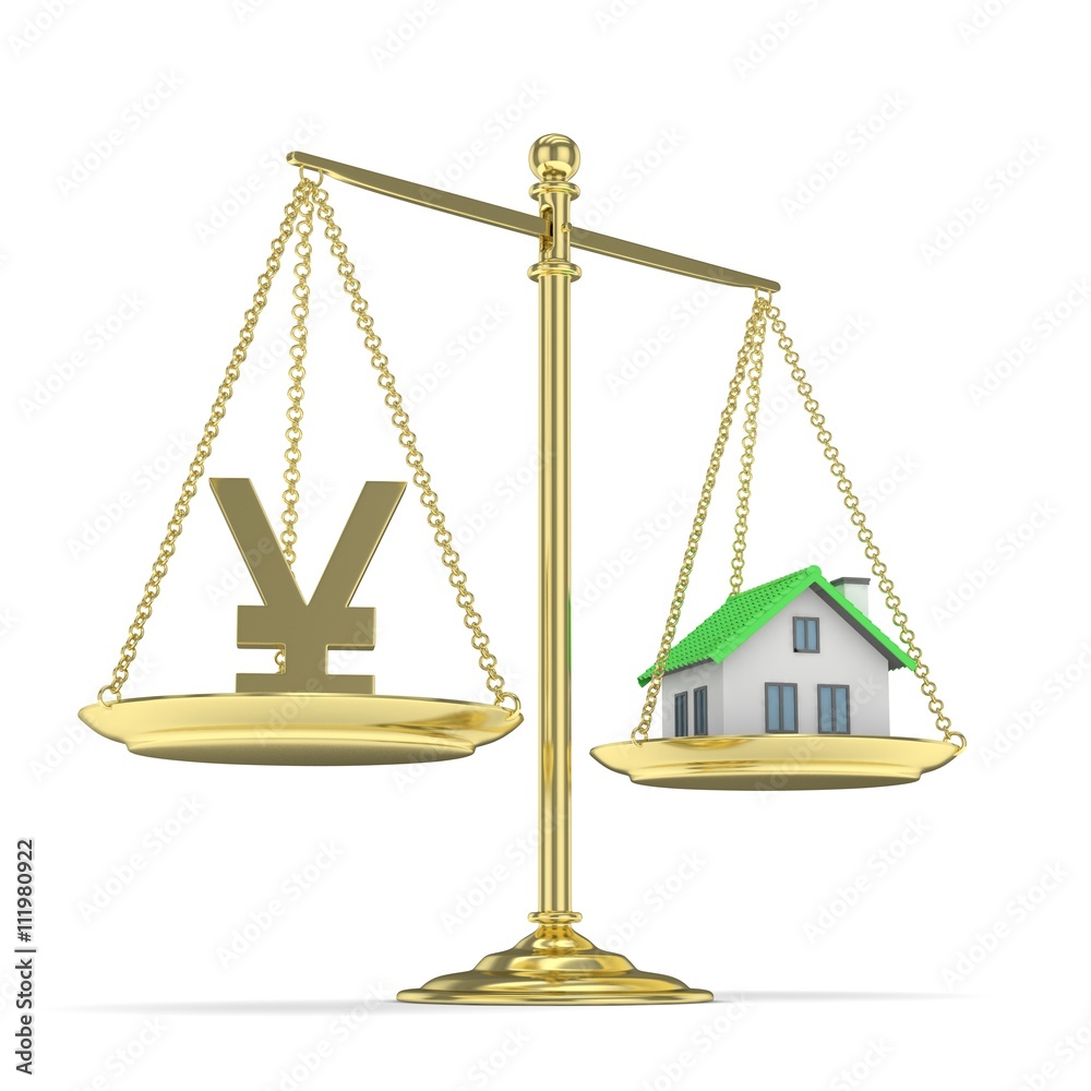 Isolated golden scales with golden yuan and house on white background. Investment or savings concept. Real estate and currency. 3D rendering. Isolated golden scales with golden yuan and house on white background. Investment or savings concept. Real estate and currency. 3D rendering.